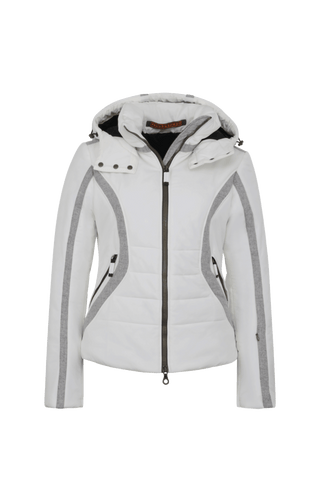 Performance Ski-Jacke XeniaMulti-S aus innovativem Light Italian Nylon, feminine Passform, abnehmbare, in der Weite regulierbare Kapuze, Stehkragen, Loden-Details, Zwei-Wege-Zipper, zwei Taschen mit Zip, klassische Frauenschuh Features wie Schneefang an den Ärmeln, Skipasstasche und zwei innenliegende Taschen mit Zip. Luxuriöse seidig glänzende Oberfläche, funktional und warm. In der Farbe weiß (Farbe: cloud)