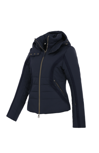 Performance Ski-Jacke XeniaMulti-S aus innovativem Light Italian Nylon, feminine Passform, abnehmbare, in der Weite regulierbare Kapuze, Stehkragen, Loden-Details, Zwei-Wege-Zipper, zwei Taschen mit Zip, klassische Frauenschuh Features wie Schneefang an den Ärmeln, Skipasstasche und zwei innenliegende Taschen mit Zip. Luxuriöse seidig glänzende Oberfläche, funktional und warm. In der Farbe Dunkelblau (Farbe: midnight)