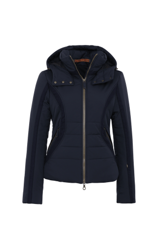 Performance Ski-Jacke XeniaMulti-S aus innovativem Light Italian Nylon, feminine Passform, abnehmbare, in der Weite regulierbare Kapuze, Stehkragen, Loden-Details, Zwei-Wege-Zipper, zwei Taschen mit Zip, klassische Frauenschuh Features wie Schneefang an den Ärmeln, Skipasstasche und zwei innenliegende Taschen mit Zip. Luxuriöse seidig glänzende Oberfläche, funktional und warm. In der Farbe Dunkelblau (Farbe: midnight)