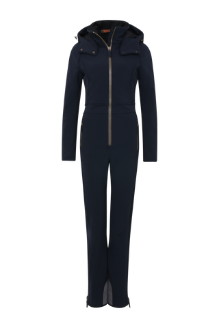 Performance Ski-Overall Kate-S aus Schöller Softshell, enganliegende Passform, Taillenbetonung durch angedeuteten Gürtel, abnehmbare Kapuze, Oberkörper gefüttert, markanter Zip, zwei Taschen mit markantem Zip, Skipasstasche mit nahtfeinem Zip, klassische Frauenschuh Features wie Kantenschutz aus Alcantara-Leder, enganliegende Ärmelbündchen und Schneefang. Robustes, elastisches Material, wasser- und windabweisend, ideal für die Skipiste. In der Farbe Dunkelblau (Farbe: midnight)