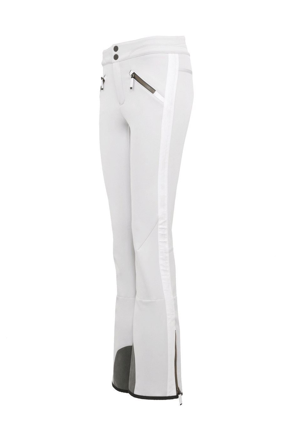 Sportliche Softshell-Skihose Christie-S, figurbetonter Schnitt mit höher geschnittenem Bund im Rücken, spezielle Sicherheitsdruckknöpfe, zwei Eingriffstaschen mit Reißverschluss, Zipper am Beinsaum, elastischer Schneefang, Kantenschutz aus Alcantara und leicht aufgeraute Innenseite für weichen Tragekomfort. Ergonomisches Knie für maximale Bewegungsfreiheit. GRÖßENHINWEIS: Figurbetonte Passform, wählen Sie Ihre gewohnte Größe. In der Farbe Weiß-Grau (Farbe: glacier)