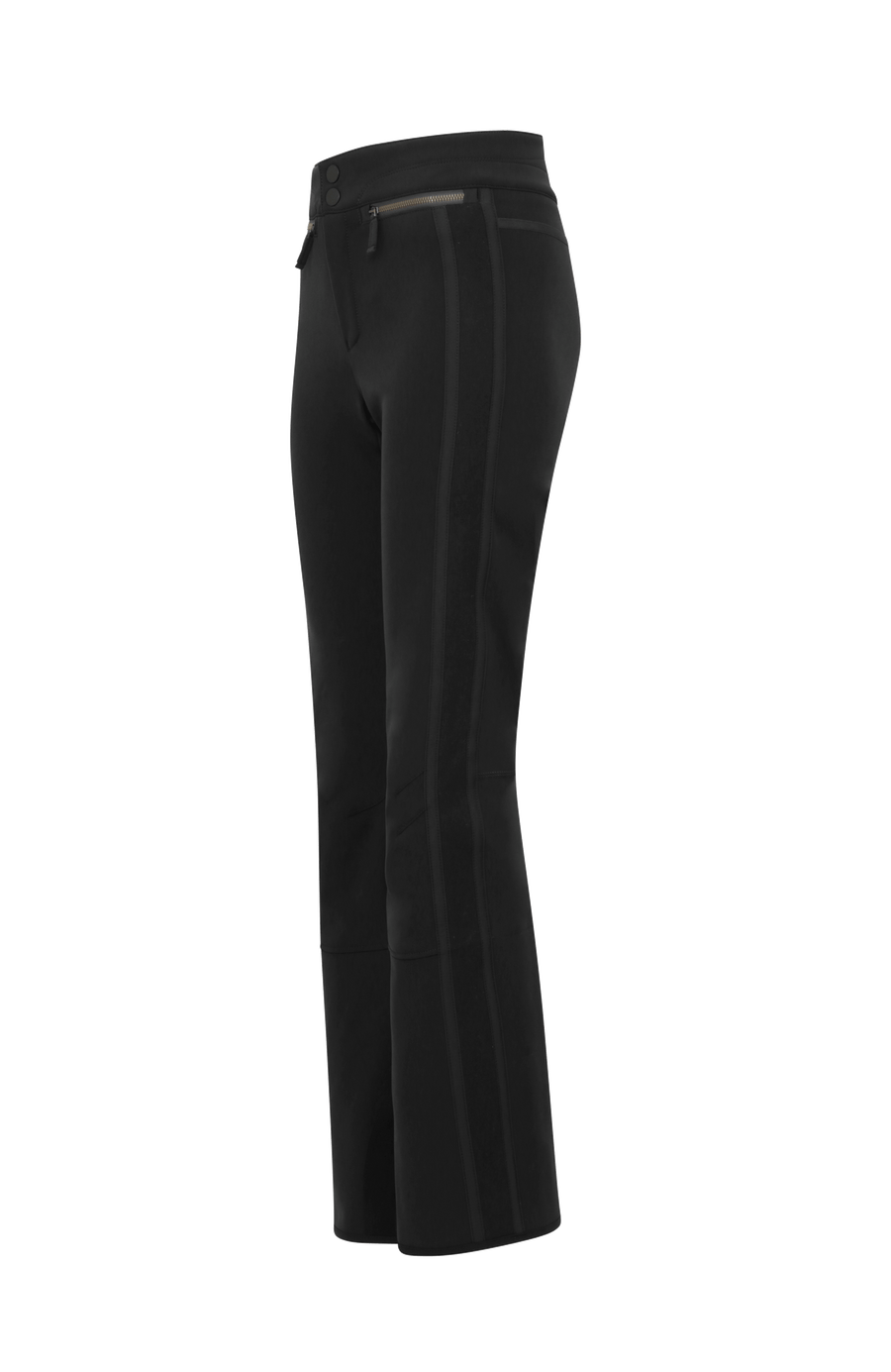 Performance Skihose SerafinaMulti-S aus Schöller Softshell, figurbetont mit leicht ausgestelltem Bein, Lodenstreifen an der Seite, zwei markante Taschen mit Zip, klassische Frauenschuh Features wie Kantenschutz aus Alcantara-Leder, Sicherheitsdruckknöpfe, Knieabnäher und Schneefang. Robustes, elastisches Material, wasser- und windabweisend, ideal zum Skifahren oder Schneewandern. In der Farbe Schwarz (Farbe: black)