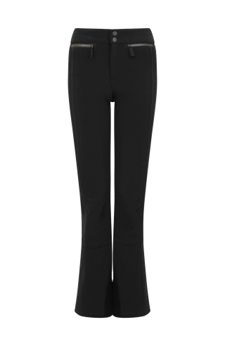 Performance Skihose SerafinaMulti-S aus Schöller Softshell, figurbetont mit leicht ausgestelltem Bein, Lodenstreifen an der Seite, zwei markante Taschen mit Zip, klassische Frauenschuh Features wie Kantenschutz aus Alcantara-Leder, Sicherheitsdruckknöpfe, Knieabnäher und Schneefang. Robustes, elastisches Material, wasser- und windabweisend, ideal zum Skifahren oder Schneewandern. In der Farbe Schwarz (Farbe: black)