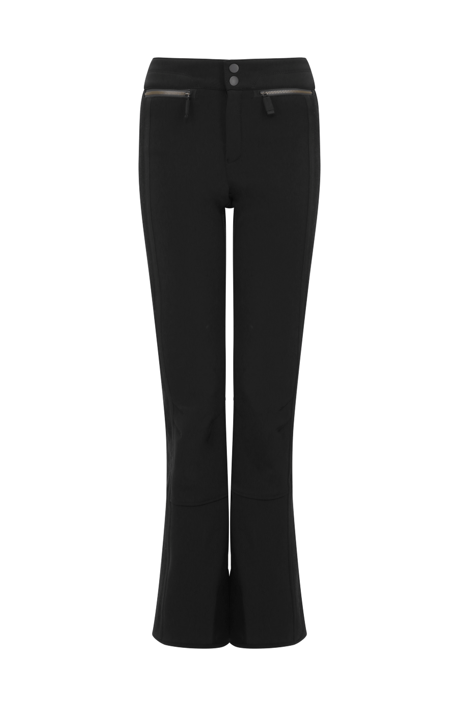 Performance Skihose SerafinaMulti-S aus Schöller Softshell, figurbetont mit leicht ausgestelltem Bein, Lodenstreifen an der Seite, zwei markante Taschen mit Zip, klassische Frauenschuh Features wie Kantenschutz aus Alcantara-Leder, Sicherheitsdruckknöpfe, Knieabnäher und Schneefang. Robustes, elastisches Material, wasser- und windabweisend, ideal zum Skifahren oder Schneewandern. In der Farbe Schwarz (Farbe: black)