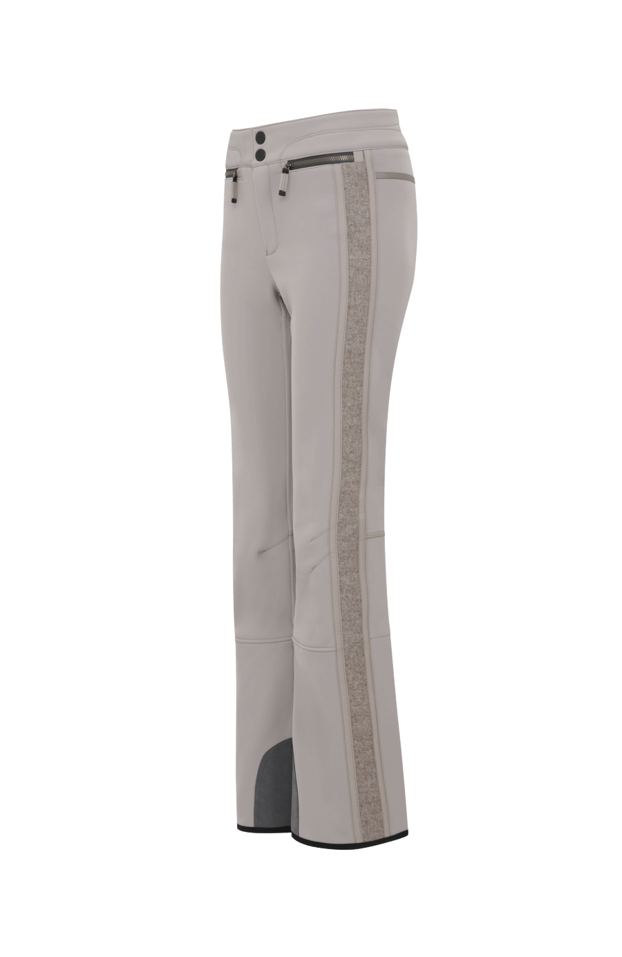 Performance Skihose SerafinaMulti-S aus Schöller Softshell, figurbetont mit leicht ausgestelltem Bein, Lodenstreifen an der Seite, zwei markante Taschen mit Zip, klassische Frauenschuh Features wie Kantenschutz aus Alcantara-Leder, Sicherheitsdruckknöpfe, Knieabnäher und Schneefang. Robustes, elastisches Material, wasser- und windabweisend, ideal zum Skifahren oder Schneewandern. In der Farbe hell Braun (Farbe: cashmere)