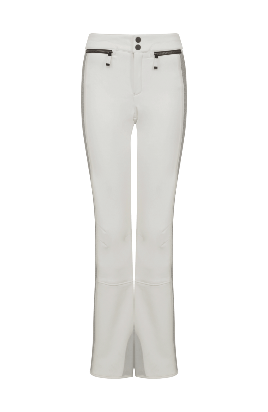 Performance Skihose SerafinaMulti-S aus Schöller Softshell, figurbetont mit leicht ausgestelltem Bein, Lodenstreifen an der Seite, zwei markante Taschen mit Zip, klassische Frauenschuh Features wie Kantenschutz aus Alcantara-Leder, Sicherheitsdruckknöpfe, Knieabnäher und Schneefang. Robustes, elastisches Material, wasser- und windabweisend, ideal zum Skifahren oder Schneewandern. In der Farbe Weiß (Farbe: cloud)