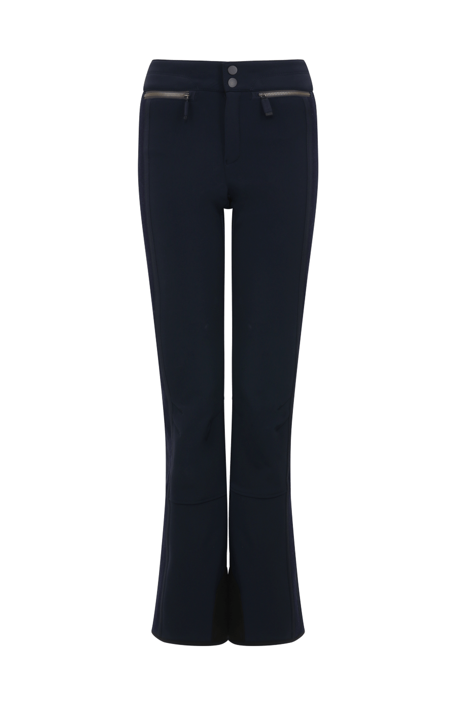 Performance Skihose SerafinaMulti-S aus Schöller Softshell, figurbetont mit leicht ausgestelltem Bein, Lodenstreifen an der Seite, zwei markante Taschen mit Zip, klassische Frauenschuh Features wie Kantenschutz aus Alcantara-Leder, Sicherheitsdruckknöpfe, Knieabnäher und Schneefang. Robustes, elastisches Material, wasser- und windabweisend, ideal zum Skifahren oder Schneewandern. In der Farbe Dunkelblau (Farbe: midnight)