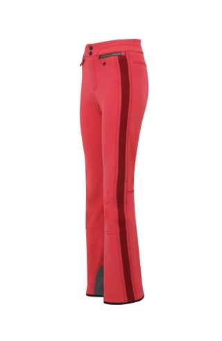 Performance Skihose SerafinaMulti-S aus Schöller Softshell, figurbetont mit leicht ausgestelltem Bein, Lodenstreifen an der Seite, zwei markante Taschen mit Zip, klassische Frauenschuh Features wie Kantenschutz aus Alcantara-Leder, Sicherheitsdruckknöpfe, Knieabnäher und Schneefang. Robustes, elastisches Material, wasser- und windabweisend, ideal zum Skifahren oder Schneewandern. In der Farbe Rot (Farbe: poppy)