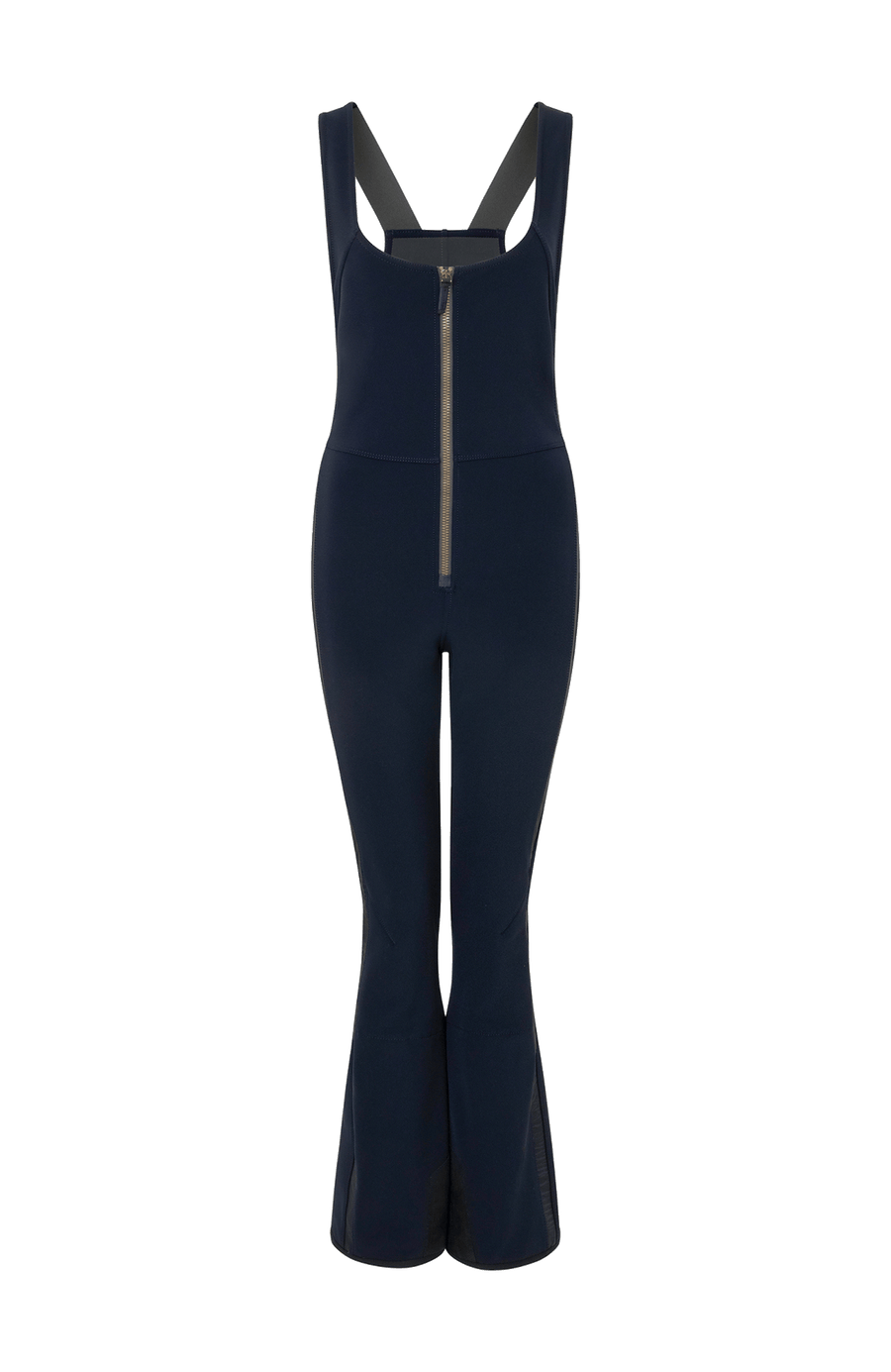 Ski-Catsuit Davina2.0-S im Latzhosen-Stil ohne Ärmel, schmaler figurbetonter Schnitt mit ausgestelltem Bein, femininer Bustier-Ausschnitt, Streifen an den Beinaußenseiten aus Alcantara-Leder, Träger hinten aus elastischem Gummi, ergonomisches Knie, markanter langer Zipper, auffallende Nähte, Seitentaschen mit Zip, Kantenschutz aus Alcantara-Leder und Schneefang. Enganliegend, feminin, betont Silhouette und Bewegungsfreiheit. In der Farbe Dunkelblau (Farbe: midnight)
