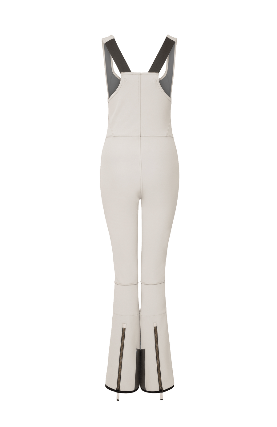 Ski-Catsuit Davina2.0-S im Latzhosen-Stil ohne Ärmel, schmaler figurbetonter Schnitt mit ausgestelltem Bein, femininer Bustier-Ausschnitt, Streifen an den Beinaußenseiten aus Alcantara-Leder, Träger hinten aus elastischem Gummi, ergonomisches Knie, markanter langer Zipper, auffallende Nähte, Seitentaschen mit Zip, Kantenschutz aus Alcantara-Leder und Schneefang. Enganliegend, feminin, betont Silhouette und Bewegungsfreiheit. In der Farbe Weiß-Beige (Farbe: sandstone)