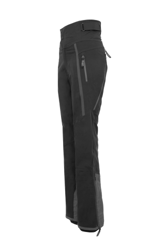 Damen-Skitourenhose aus atmungsaktivem, wind- und wasserfestem 3-Layer-Material mit RECCO®-System, verschweißten Nähten, seitlichen Bein-Zippern, Schneefang, robustem Kantenschutz aus Alcantara-Leder und lockerem Schnitt. In der Farbe Schwarz (Farbe: black)
