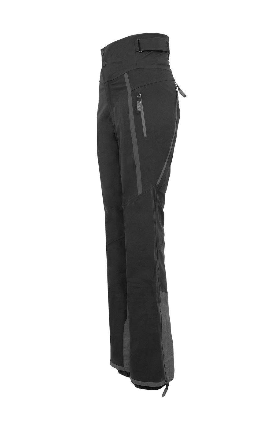 Damen-Skitourenhose aus atmungsaktivem, wind- und wasserfestem 3-Layer-Material mit RECCO®-System, verschweißten Nähten, seitlichen Bein-Zippern, Schneefang, robustem Kantenschutz aus Alcantara-Leder und lockerem Schnitt. In der Farbe Schwarz (Farbe: black)