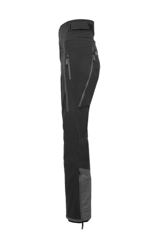 Damen-Skitourenhose aus atmungsaktivem, wind- und wasserfestem 3-Layer-Material mit RECCO®-System, verschweißten Nähten, seitlichen Bein-Zippern, Schneefang, robustem Kantenschutz aus Alcantara-Leder und lockerem Schnitt. In der Farbe Schwarz (Farbe: black)