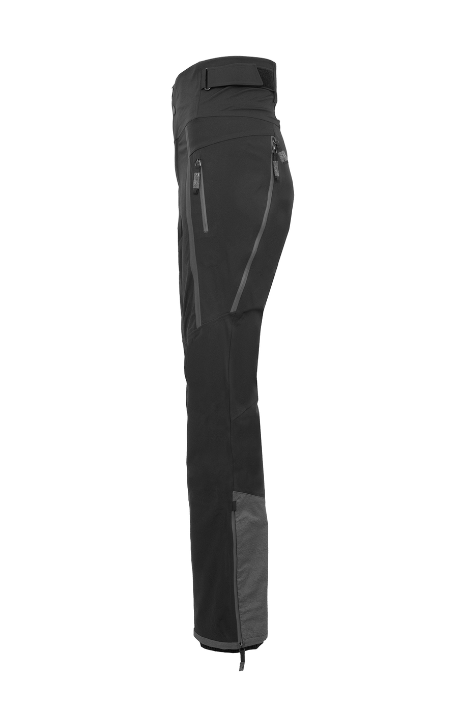 Damen-Skitourenhose aus atmungsaktivem, wind- und wasserfestem 3-Layer-Material mit RECCO®-System, verschweißten Nähten, seitlichen Bein-Zippern, Schneefang, robustem Kantenschutz aus Alcantara-Leder und lockerem Schnitt. In der Farbe Schwarz (Farbe: black)