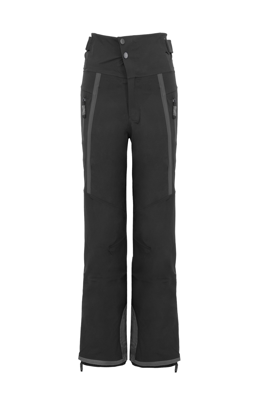 Damen-Skitourenhose aus atmungsaktivem, wind- und wasserfestem 3-Layer-Material mit RECCO®-System, verschweißten Nähten, seitlichen Bein-Zippern, Schneefang, robustem Kantenschutz aus Alcantara-Leder und lockerem Schnitt. In der Farbe Schwarz (Farbe: black)