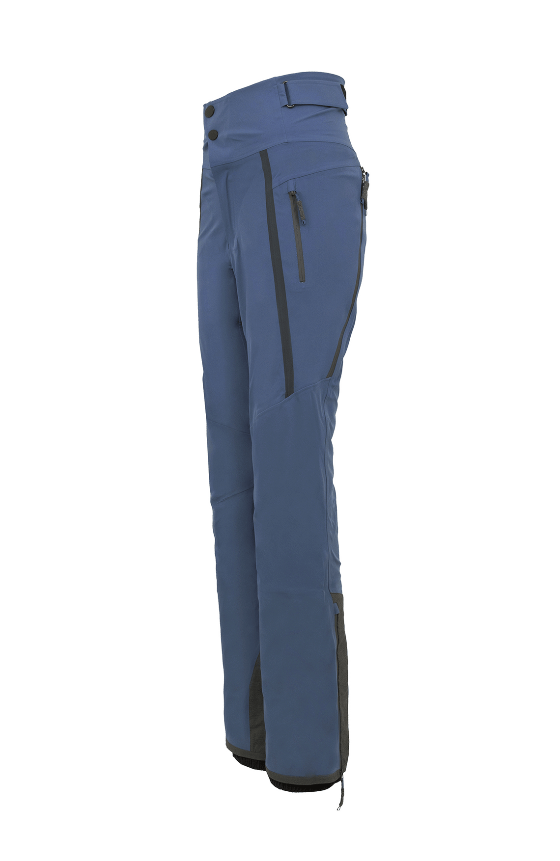 Damen-Skitourenhose aus atmungsaktivem, wind- und wasserfestem 3-Layer-Material mit RECCO®-System, verschweißten Nähten, seitlichen Bein-Zippern, Schneefang, robustem Kantenschutz aus Alcantara-Leder und lockerem Schnitt. In der Farbe Blau (Farbe: denim)