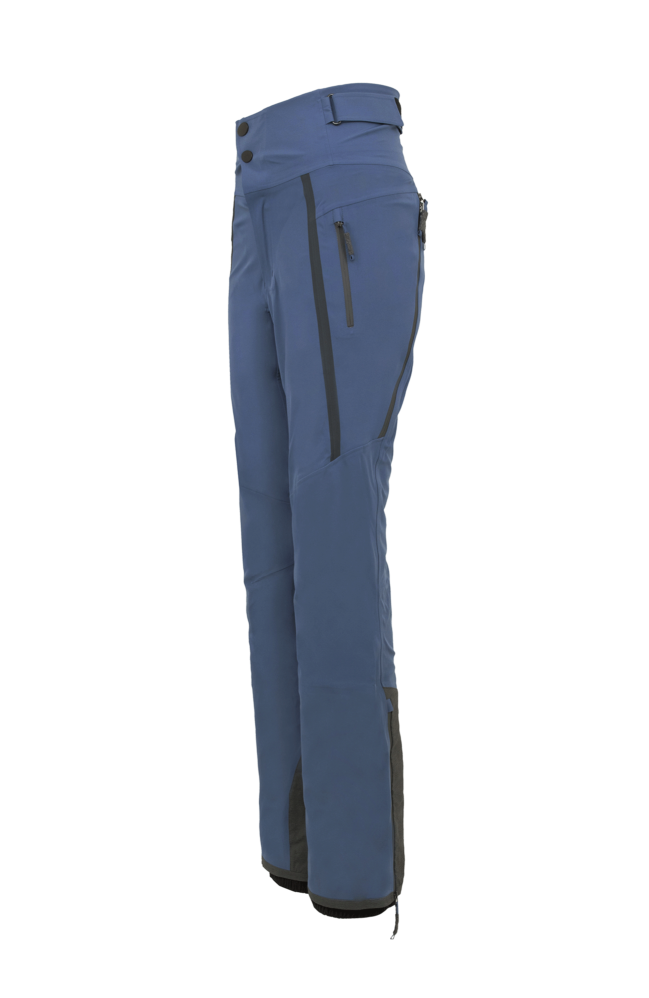 Damen-Skitourenhose aus atmungsaktivem, wind- und wasserfestem 3-Layer-Material mit RECCO®-System, verschweißten Nähten, seitlichen Bein-Zippern, Schneefang, robustem Kantenschutz aus Alcantara-Leder und lockerem Schnitt. In der Farbe Blau (Farbe: denim)