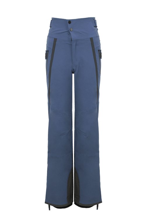 Damen-Skitourenhose aus atmungsaktivem, wind- und wasserfestem 3-Layer-Material mit RECCO®-System, verschweißten Nähten, seitlichen Bein-Zippern, Schneefang, robustem Kantenschutz aus Alcantara-Leder und lockerem Schnitt. In der Farbe Blau (Farbe: denim)