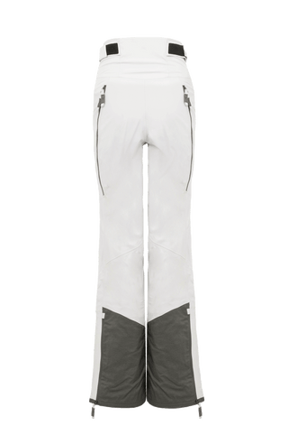 Damen-Skitourenhose aus atmungsaktivem, wind- und wasserfestem 3-Layer-Material mit RECCO®-System, verschweißten Nähten, seitlichen Bein-Zippern, Schneefang, robustem Kantenschutz aus Alcantara-Leder und lockerem Schnitt. In der Farbe Weiß (Farbe: glacier)
