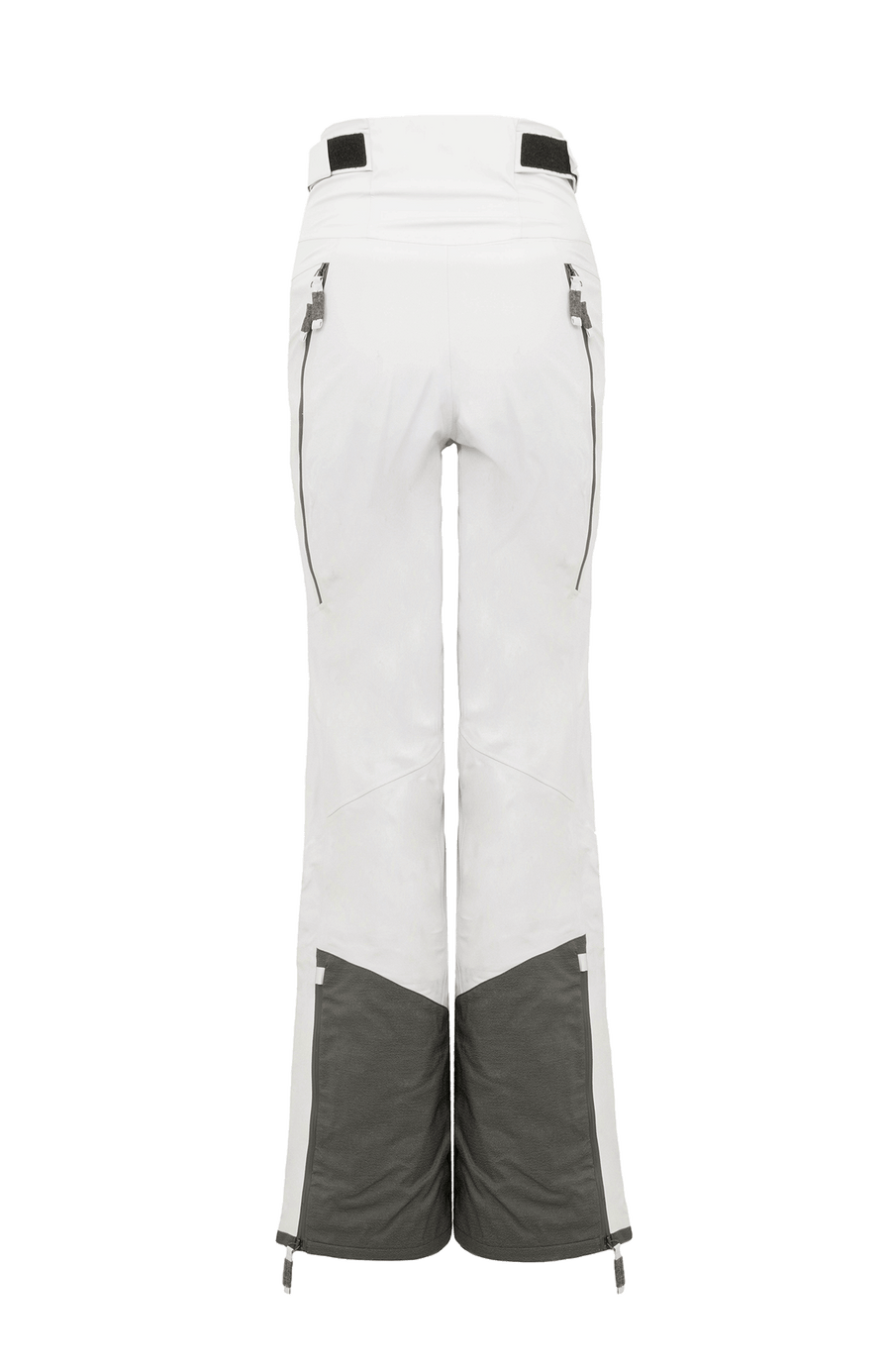 Damen-Skitourenhose aus atmungsaktivem, wind- und wasserfestem 3-Layer-Material mit RECCO®-System, verschweißten Nähten, seitlichen Bein-Zippern, Schneefang, robustem Kantenschutz aus Alcantara-Leder und lockerem Schnitt. In der Farbe Weiß (Farbe: glacier)