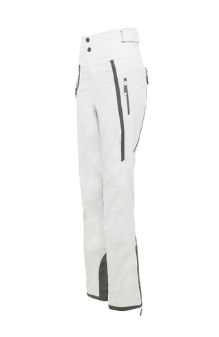 Damen-Skitourenhose aus atmungsaktivem, wind- und wasserfestem 3-Layer-Material mit RECCO®-System, verschweißten Nähten, seitlichen Bein-Zippern, Schneefang, robustem Kantenschutz aus Alcantara-Leder und lockerem Schnitt. In der Farbe Weiß (Farbe: glacier)