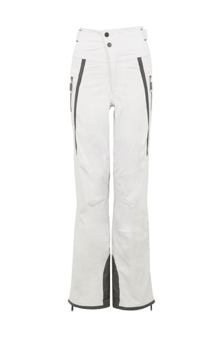 Damen-Skitourenhose aus atmungsaktivem, wind- und wasserfestem 3-Layer-Material mit RECCO®-System, verschweißten Nähten, seitlichen Bein-Zippern, Schneefang, robustem Kantenschutz aus Alcantara-Leder und lockerem Schnitt. In der Farbe Weiß (Farbe: glacier)