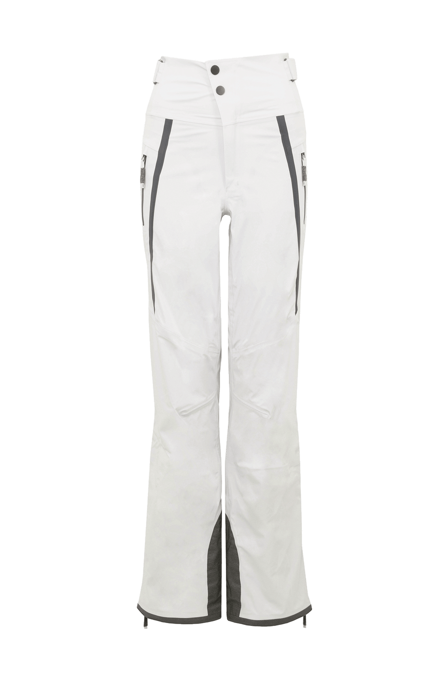 Damen-Skitourenhose aus atmungsaktivem, wind- und wasserfestem 3-Layer-Material mit RECCO®-System, verschweißten Nähten, seitlichen Bein-Zippern, Schneefang, robustem Kantenschutz aus Alcantara-Leder und lockerem Schnitt. In der Farbe Weiß (Farbe: glacier)