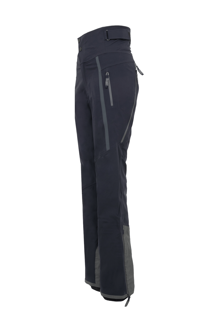 Damen-Skitourenhose aus atmungsaktivem, wind- und wasserfestem 3-Layer-Material mit RECCO®-System, verschweißten Nähten, seitlichen Bein-Zippern, Schneefang, robustem Kantenschutz aus Alcantara-Leder und lockerem Schnitt. In der Farbe dunkelblau (Farbe: midnight)