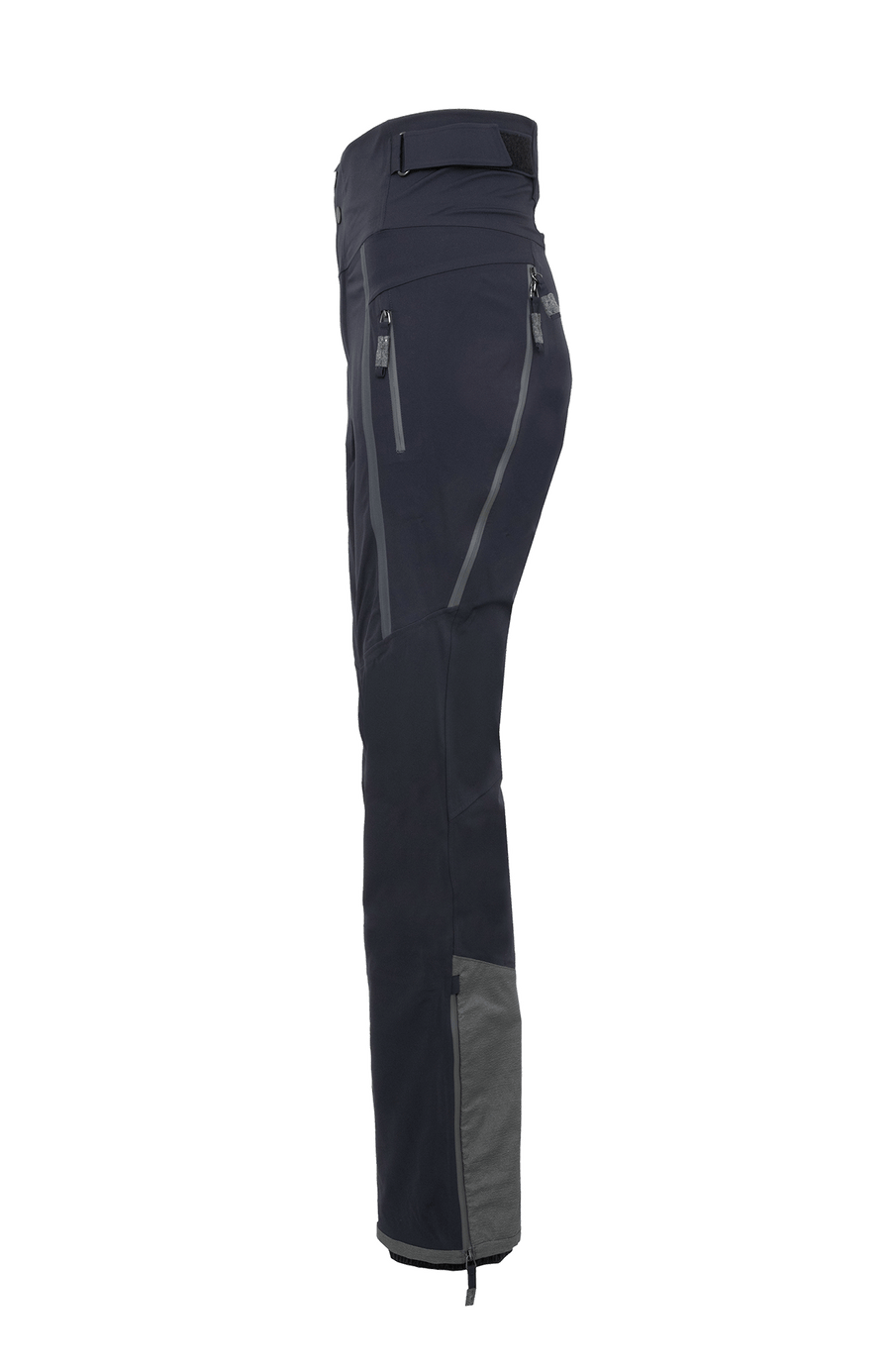 Damen-Skitourenhose aus atmungsaktivem, wind- und wasserfestem 3-Layer-Material mit RECCO®-System, verschweißten Nähten, seitlichen Bein-Zippern, Schneefang, robustem Kantenschutz aus Alcantara-Leder und lockerem Schnitt. In der Farbe dunkelblau (Farbe: midnight)