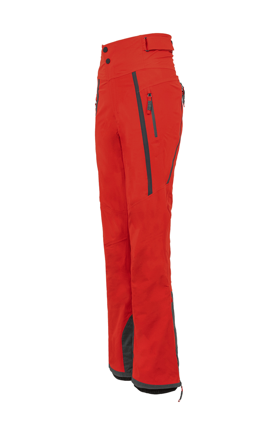 Damen-Skitourenhose aus atmungsaktivem, wind- und wasserfestem 3-Layer-Material mit RECCO®-System, verschweißten Nähten, seitlichen Bein-Zippern, Schneefang, robustem Kantenschutz aus Alcantara-Leder und lockerem Schnitt. In der Farbe Rot (Farbe: ruby)