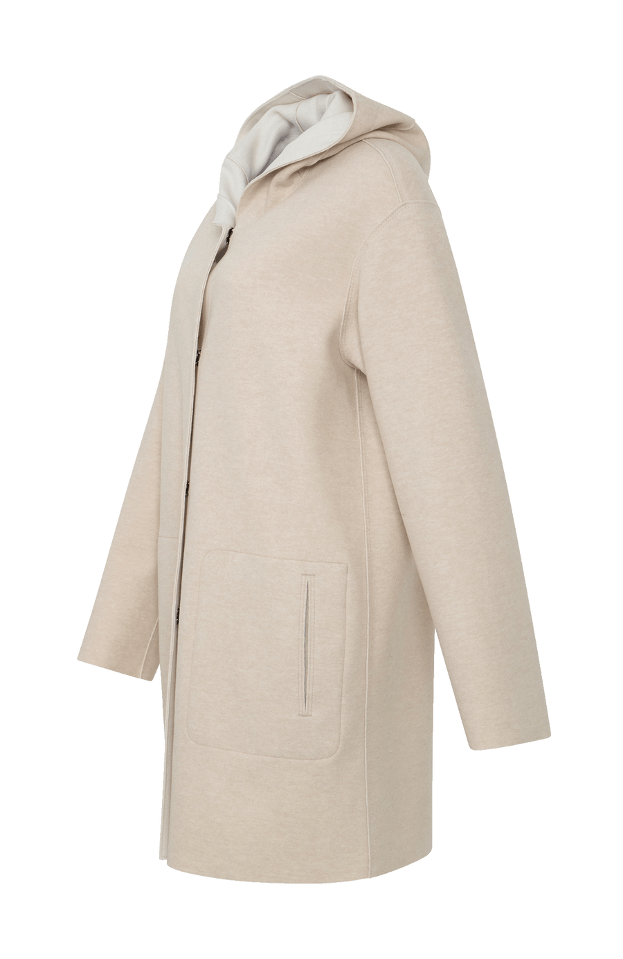 Lässiger 2-in-1 Wendekurzmantel Olivia-WD aus Wool Double in Bi-Color-Optik, gerade legere Passform mit leichtem Oversize Look, offenkantige Nahtverarbeitung, angeschnittene Kapuze, überschnittene Schulterpartie, verdeckte handangenähte Metalldruckknöpfe und zwei aufgesetzte Taschen. In der Farbe Beige (Farbe: caramel)