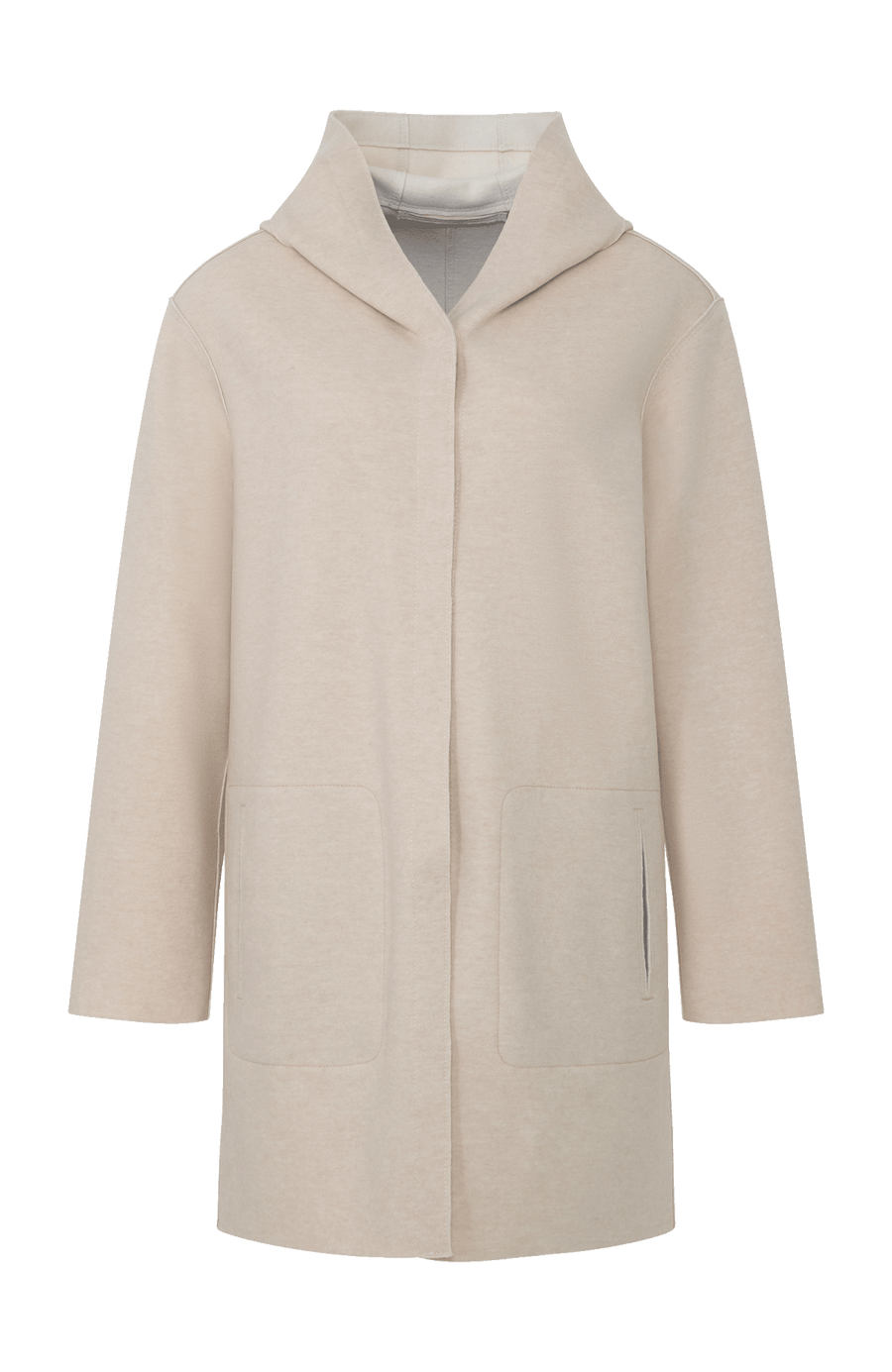 Lässiger 2-in-1 Wendekurzmantel Olivia-WD aus Wool Double in Bi-Color-Optik, gerade legere Passform mit leichtem Oversize Look, offenkantige Nahtverarbeitung, angeschnittene Kapuze, überschnittene Schulterpartie, verdeckte handangenähte Metalldruckknöpfe und zwei aufgesetzte Taschen. In der Farbe Beige (Farbe: caramel)
