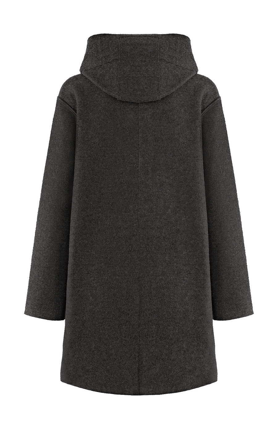 Lässiger 2-in-1 Wendekurzmantel Olivia-WD aus Wool Double in Bi-Color-Optik, gerade legere Passform mit leichtem Oversize Look, offenkantige Nahtverarbeitung, angeschnittene Kapuze, überschnittene Schulterpartie, verdeckte handangenähte Metalldruckknöpfe und zwei aufgesetzte Taschen. In der Farbe Flanellgrau (Farbe: flanellgrey)