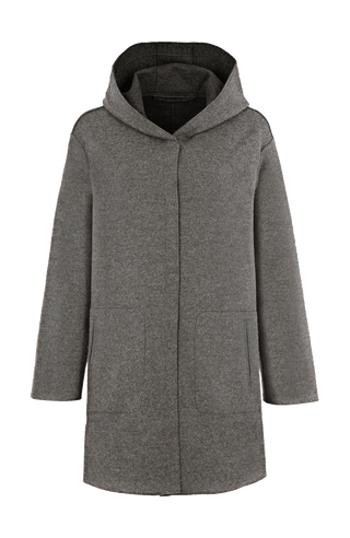Lässiger 2-in-1 Wendekurzmantel Olivia-WD aus Wool Double in Bi-Color-Optik, gerade legere Passform mit leichtem Oversize Look, offenkantige Nahtverarbeitung, angeschnittene Kapuze, überschnittene Schulterpartie, verdeckte handangenähte Metalldruckknöpfe und zwei aufgesetzte Taschen. In der Farbe Flanellgrau und Dunkelgrau (Farbe: flanellgrey)