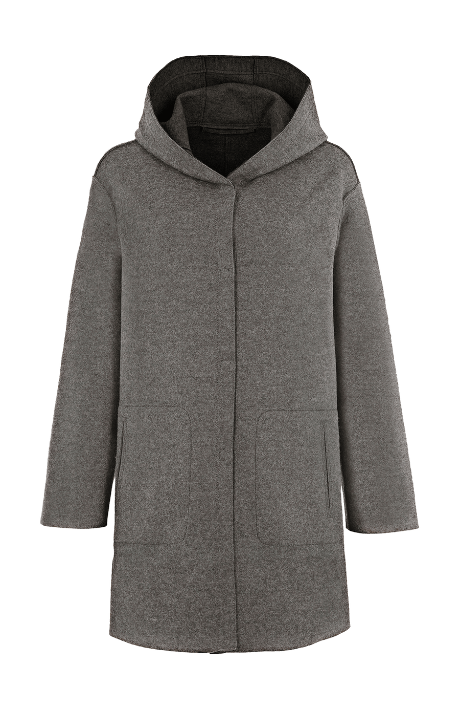 Lässiger 2-in-1 Wendekurzmantel Olivia-WD aus Wool Double in Bi-Color-Optik, gerade legere Passform mit leichtem Oversize Look, offenkantige Nahtverarbeitung, angeschnittene Kapuze, überschnittene Schulterpartie, verdeckte handangenähte Metalldruckknöpfe und zwei aufgesetzte Taschen. In der Farbe Flanellgrau und Dunkelgrau (Farbe: flanellgrey)
