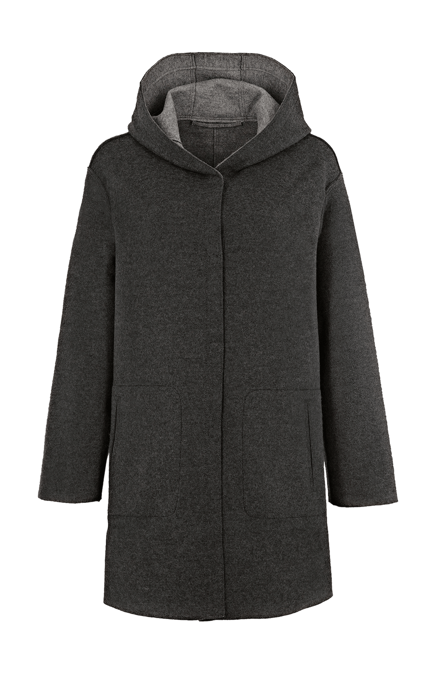 Lässiger 2-in-1 Wendekurzmantel Olivia-WD aus Wool Double in Bi-Color-Optik, gerade legere Passform mit leichtem Oversize Look, offenkantige Nahtverarbeitung, angeschnittene Kapuze, überschnittene Schulterpartie, verdeckte handangenähte Metalldruckknöpfe und zwei aufgesetzte Taschen. In der Farbe Flanellgrau und Dunkelgrau (Farbe: flanellgrey)