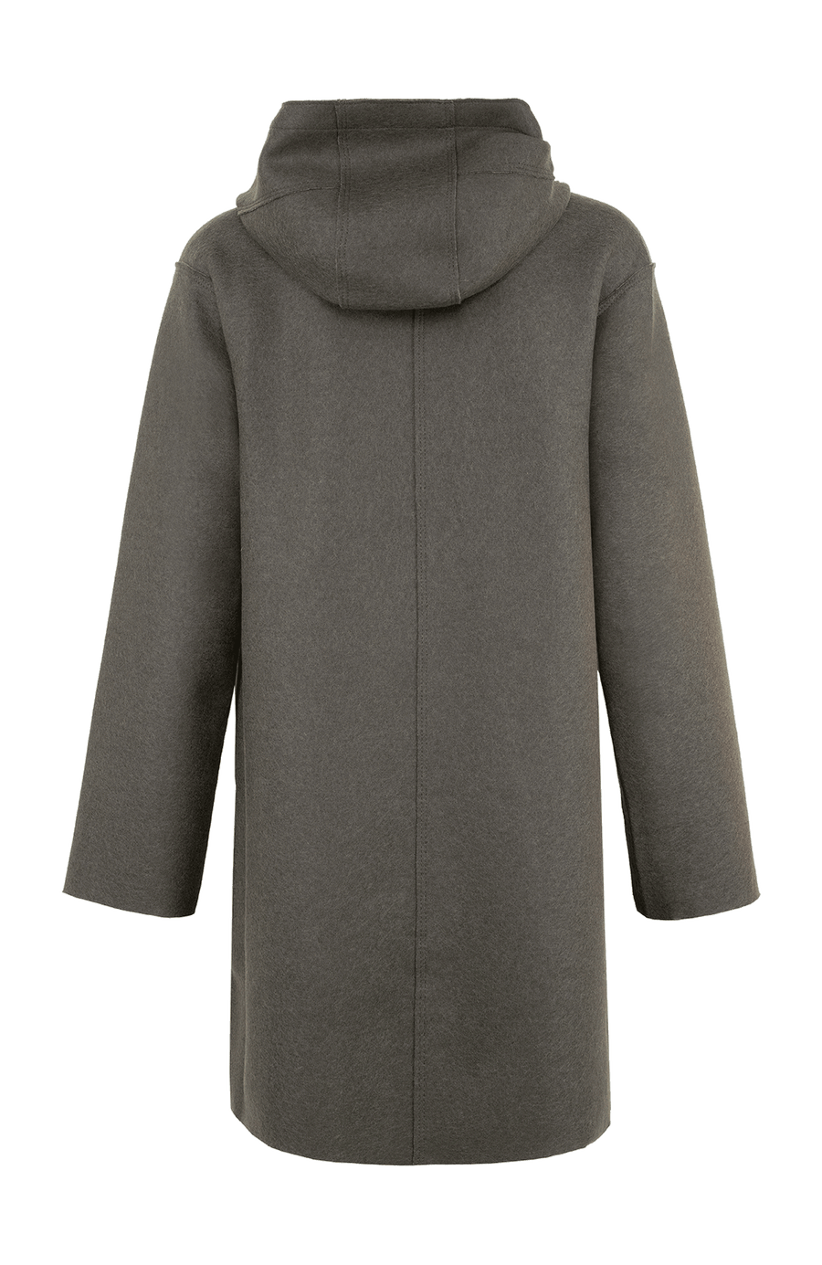 Lässiger 2-in-1 Wendekurzmantel Olivia-WD aus Wool Double in Bi-Color-Optik, gerade legere Passform mit leichtem Oversize Look, offenkantige Nahtverarbeitung, angeschnittene Kapuze, überschnittene Schulterpartie, verdeckte handangenähte Metalldruckknöpfe und zwei aufgesetzte Taschen. In der Farbe Hellgrau (Farbe: hay)