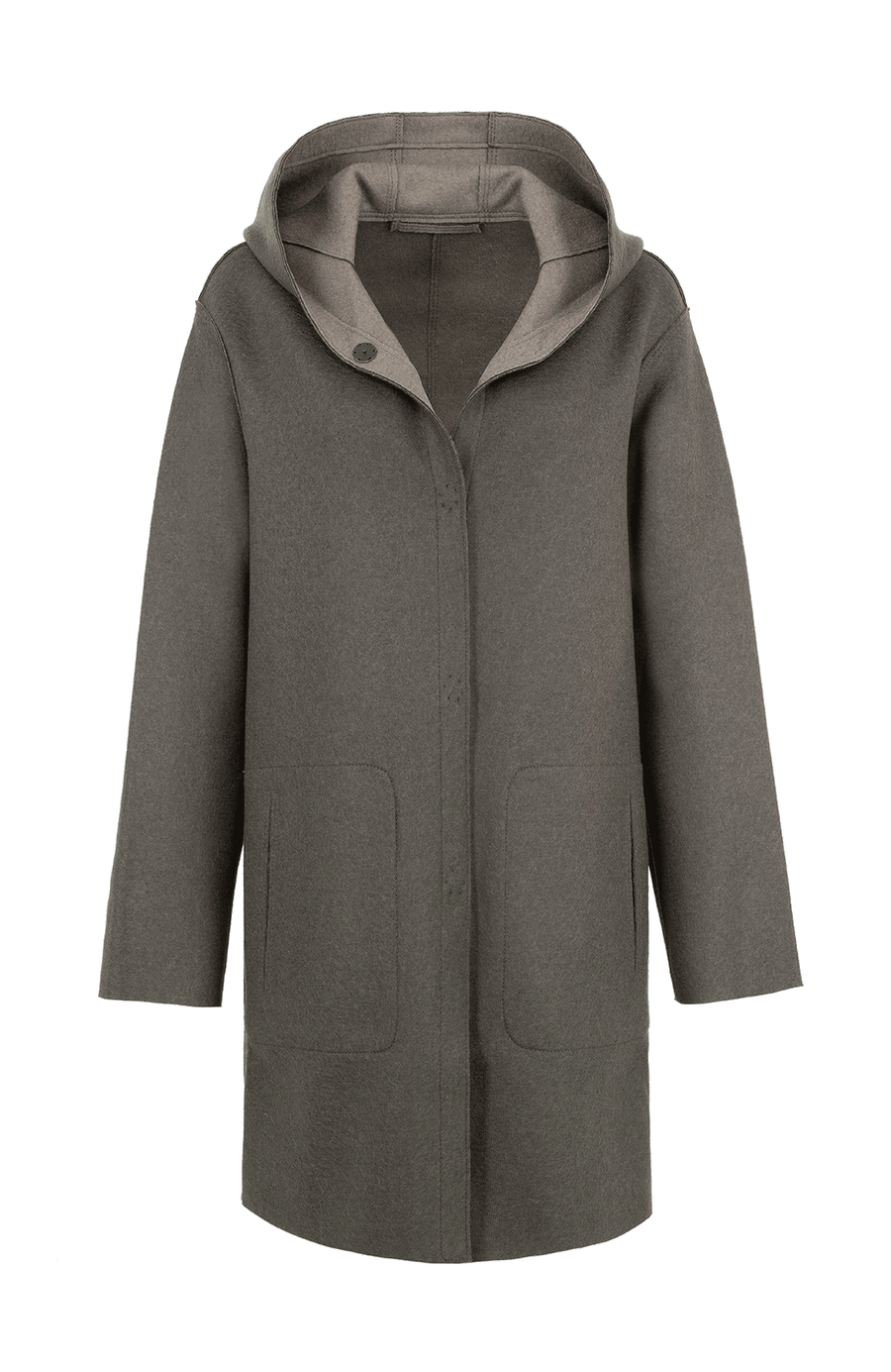 Lässiger 2-in-1 Wendekurzmantel Olivia-WD aus Wool Double in Bi-Color-Optik, gerade legere Passform mit leichtem Oversize Look, offenkantige Nahtverarbeitung, angeschnittene Kapuze, überschnittene Schulterpartie, verdeckte handangenähte Metalldruckknöpfe und zwei aufgesetzte Taschen. In der Farbe Hellgrau (Farbe: hay)