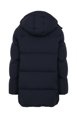 Winterparka Chelsey-LIN aus Light Italian Nylon, gerade Passform mit leicht verkürztem Schnitt, abnehmbare Kapuze mit innenliegendem Strickbündchen, gefüttert mit hochwertigen zertifizierten Daunen. Zwei versteckte Taschen, Zwei-Wege-Zipper mit Ziegenleder veredelt, luxuriöse seidig glänzende Oberfläche. Extrem warm, vielseitig tragbar, elegant und funktional. In der Farbe Dunkelblau (Farbe: midnight)