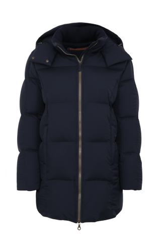 Winterparka Chelsey-LIN aus Light Italian Nylon, gerade Passform mit leicht verkürztem Schnitt, abnehmbare Kapuze mit innenliegendem Strickbündchen, gefüttert mit hochwertigen zertifizierten Daunen. Zwei versteckte Taschen, Zwei-Wege-Zipper mit Ziegenleder veredelt, luxuriöse seidig glänzende Oberfläche. Extrem warm, vielseitig tragbar, elegant und funktional. In der Farbe Dunkelblau (Farbe: midnight)