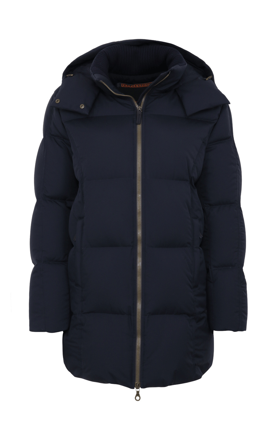 Winterparka Chelsey-LIN aus Light Italian Nylon, gerade Passform mit leicht verkürztem Schnitt, abnehmbare Kapuze mit innenliegendem Strickbündchen, gefüttert mit hochwertigen zertifizierten Daunen. Zwei versteckte Taschen, Zwei-Wege-Zipper mit Ziegenleder veredelt, luxuriöse seidig glänzende Oberfläche. Extrem warm, vielseitig tragbar, elegant und funktional. In der Farbe Dunkelblau (Farbe: midnight)