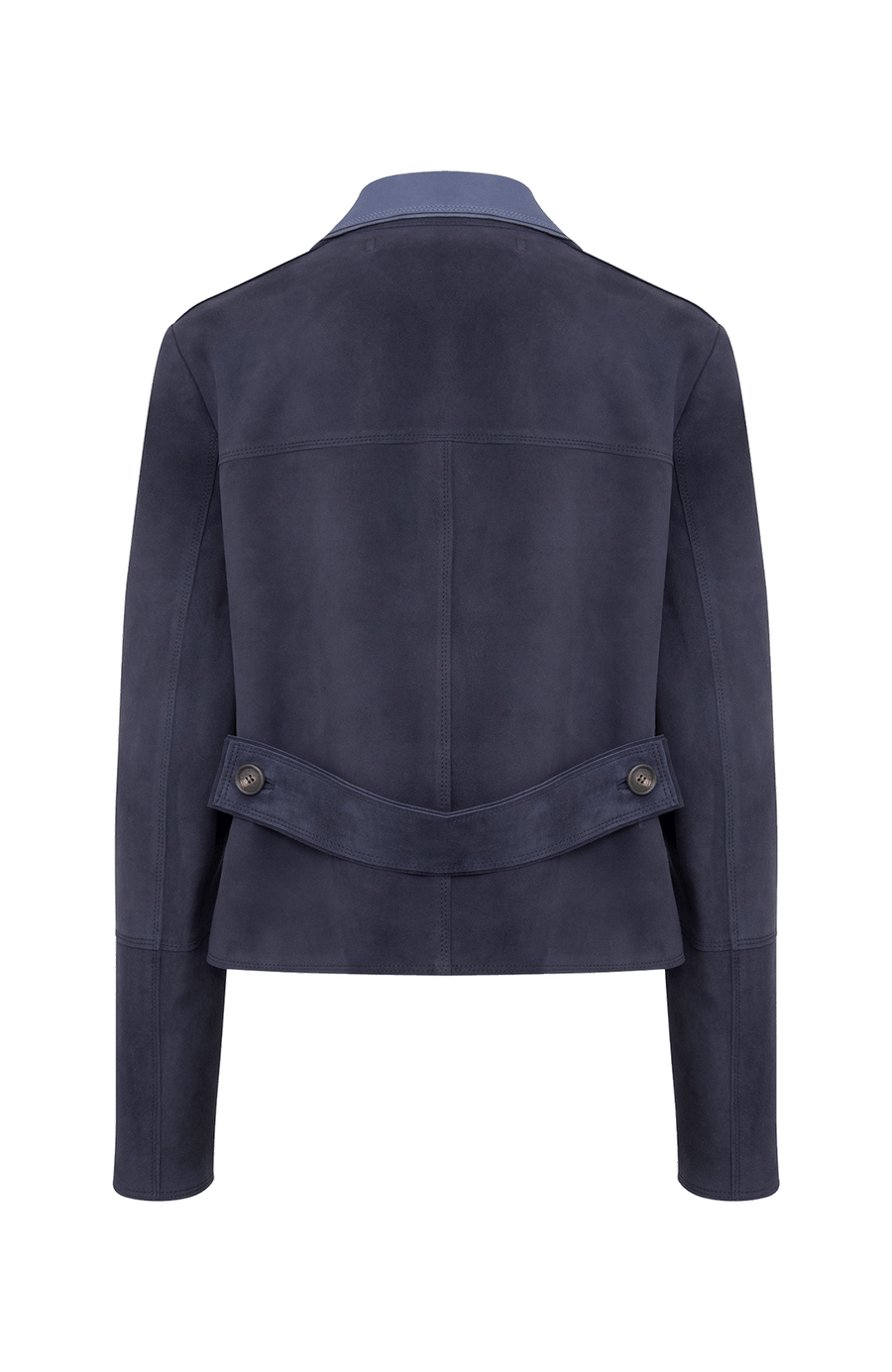 Lin-CV Blazer aus hochwertigem Vintage Velours Leder. Kurz geschnittene, kastige Form mit überlangen Ärmeln und offen verarbeiteten Nähten. Großzügiger Reverskragen mit nappierter Innenseite, Trenchgürtel am Rücken, Hornknöpfe und kleine Klappentaschen. Leichtes Tragegefühl mit Satinfutter. In der Farbe Dunkelblau (Farbe: midnight)