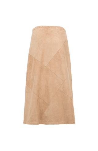 Lederrock Brigitte-CA in moderner 7/8 Länge, aus ökologisch gefärbtem und gegerbtem Leder, elastischer Bund, teilgefüttert, geometrische Patchwork-Nähte. Naturleder, anschmiegsam auf der Haut, optimaler Halt und Tragekomfort durch den elastischen Bund. Längere UV-Einwirkung kann Farbveränderungen verursachen. In der Farbe Karamellton (Farbe: caramel)