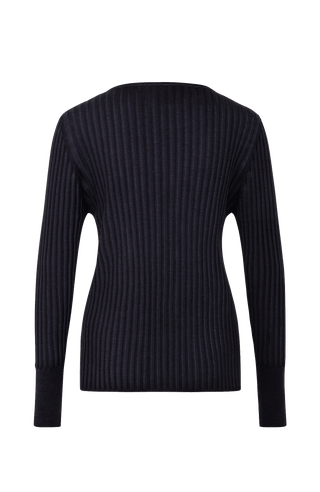 Locker geschnittener Damen-Rundhalspullover in schwarz, Modell 406601 CameliaDyed-RB- Rueckansicht. Weiches Material mit geripptem Saum und Ärmelbündchen.