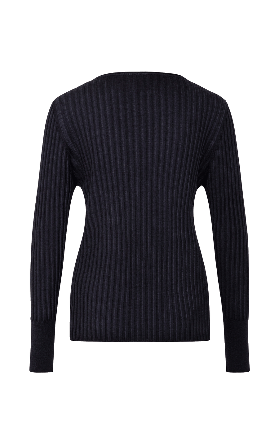 Locker geschnittener Damen-Rundhalspullover in schwarz, Modell 406601 CameliaDyed-RB- Rueckansicht. Weiches Material mit geripptem Saum und Ärmelbündchen.