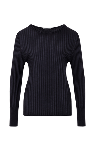 Locker geschnittener Damen-Rundhalspullover in schwarz, Modell 406601 CameliaDyed-RB- Vorderansicht.Weiches Material mit geripptem Saum und Ärmelbündchen.