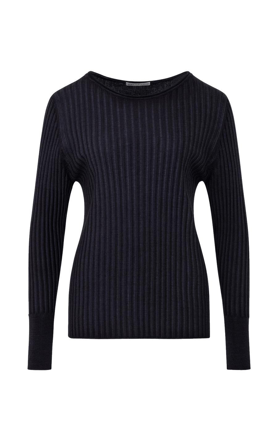 Locker geschnittener Damen-Rundhalspullover in schwarz, Modell 406601 CameliaDyed-RB- Vorderansicht.Weiches Material mit geripptem Saum und Ärmelbündchen.
