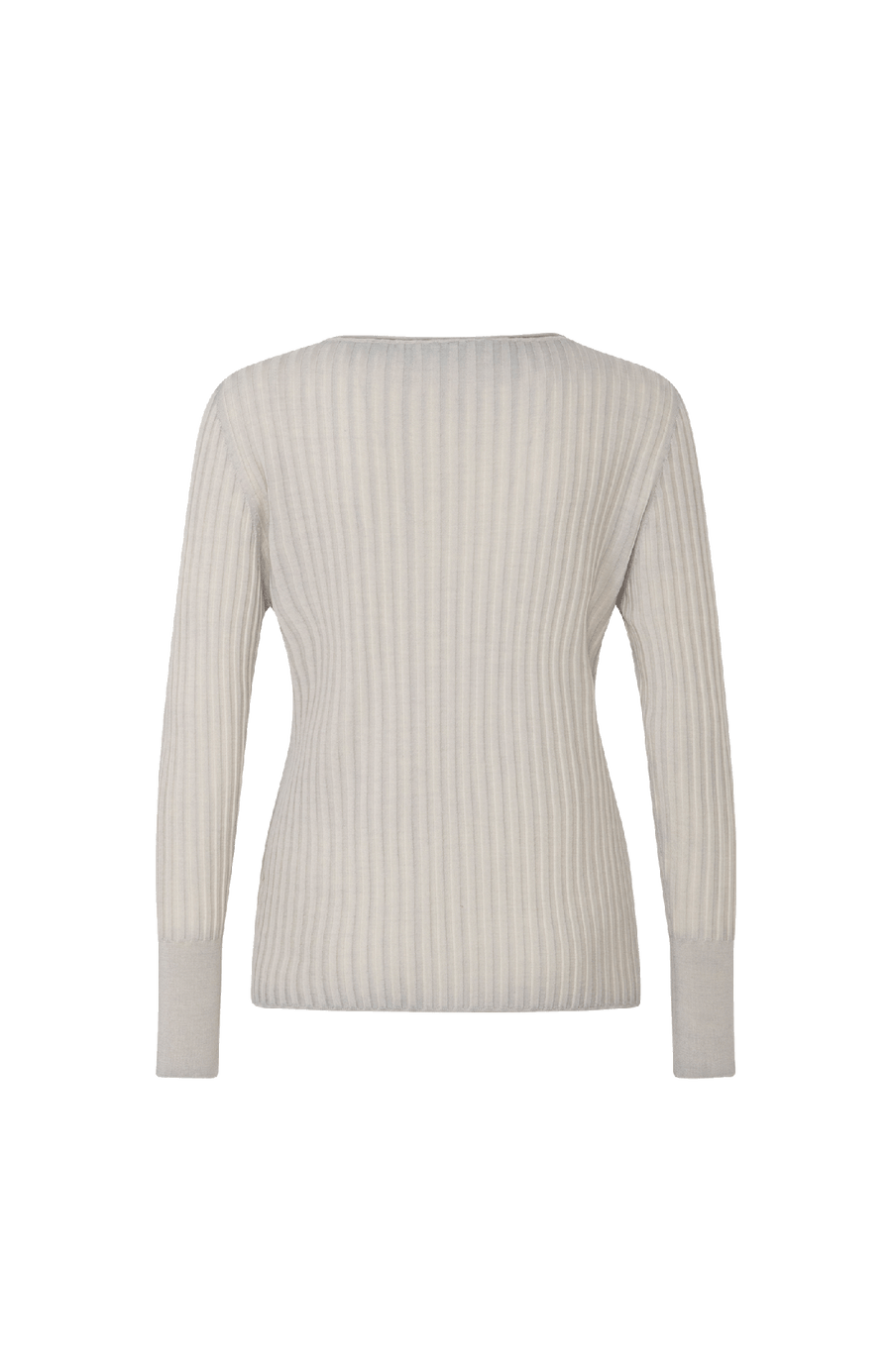 Locker geschnittener Damen-Rundhalspullover in beige, Modell 406601 CameliaDyed-RB- Rueckansicht. Weiches Material mit geripptem Saum und Ärmelbündchen.