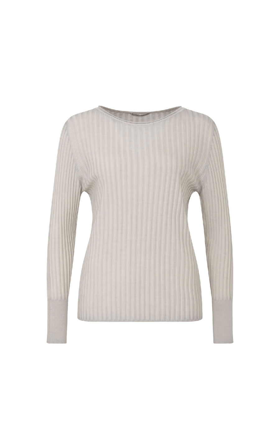 Locker geschnittener Damen-Rundhalspullover in beige, Modell 406601 CameliaDyed-RB- Vorderansicht. Weiches Material mit geripptem Saum und Ärmelbündchen.