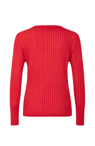 Locker geschnittener Damen-Rundhalspullover in rot, Modell 406601 CameliaDyed-RB –Rueckansicht. Weiches Material mit geripptem Saum und Ärmelbündchen.